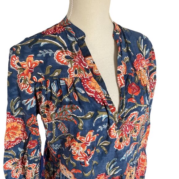 Fitzroy & Willa Marti Tiered Dress M medium blue floral block print India - Picture 2 of 9